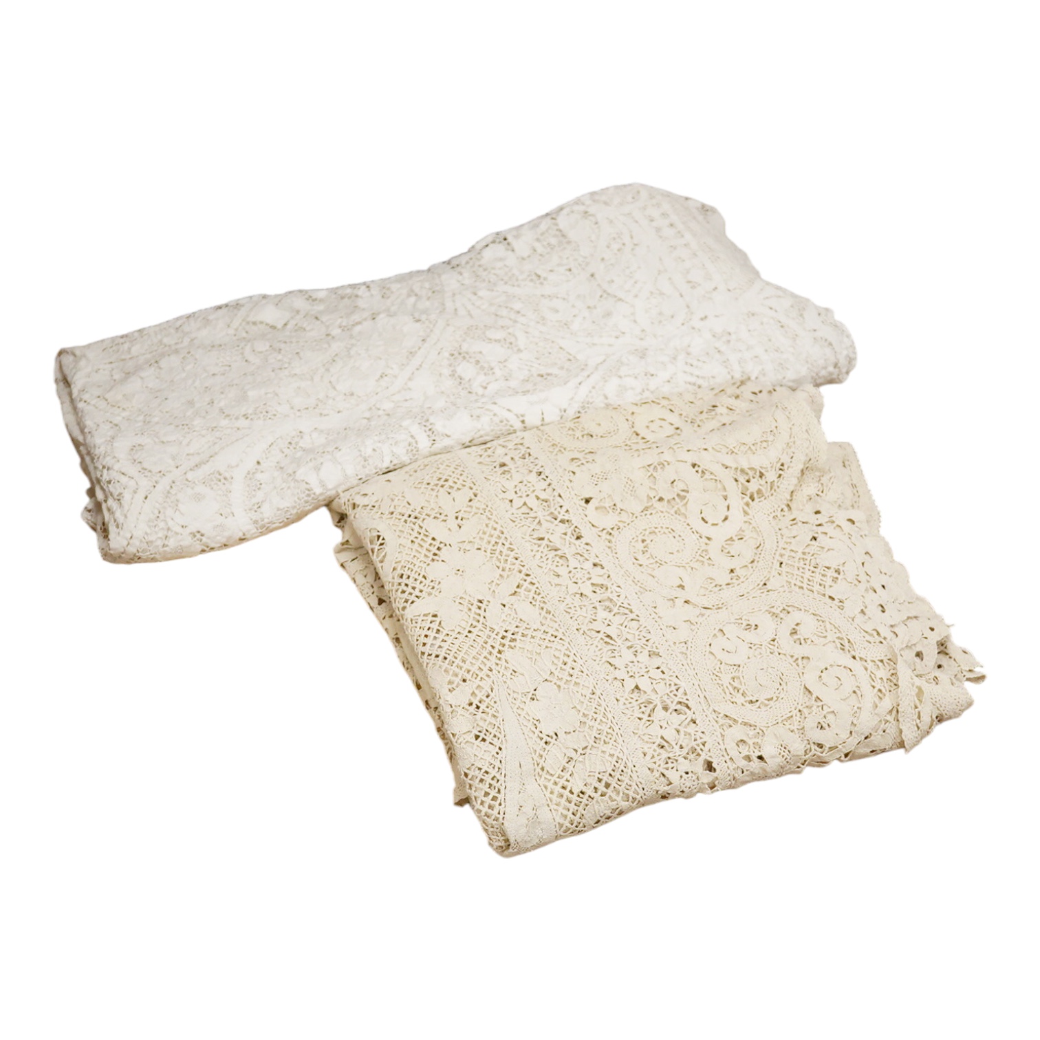Two ornately designed tape lace bed covers, white cover 152cm x 236cm, beige cover 176cm x 364cm